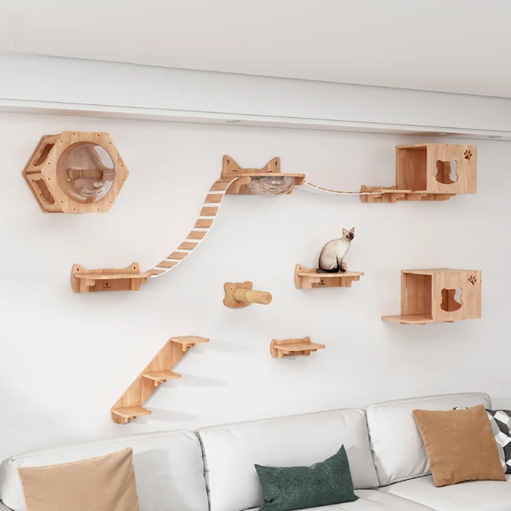 Ensemble d'étagères d'escalade en bois pour chat, meubles muraux, hamac, perchoir, échelle en sisal, lits à gratter, perchoirs stables pour chaton