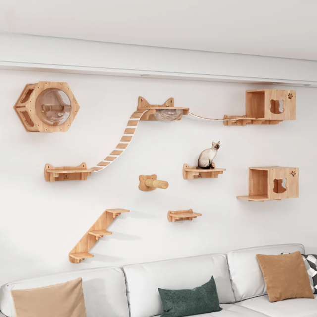 Ensemble d'étagères d'escalade en bois pour chat｜meubles muraux, hamac, perchoir, échelle en sisal, lits à gratter｜perchoirs stables pour chaton – Image 2