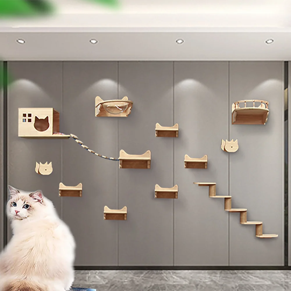Ensemble d'étagères d'escalade en bois pour chat, meubles muraux, hamac, perchoir, échelle en sisal, lits à gratter, perchoirs stables pour chaton