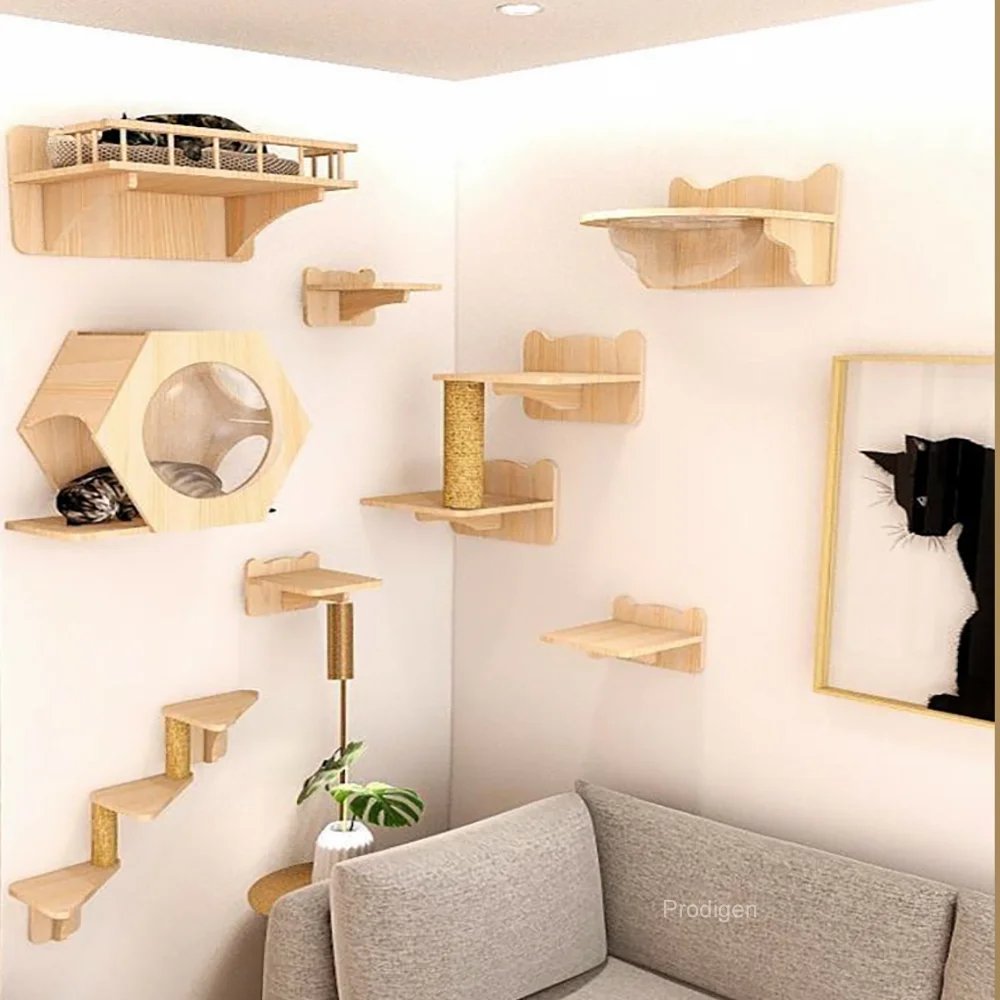 Ensemble d'étagères d'escalade en bois pour chat, meubles muraux, hamac, perchoir, échelle en sisal, lits à gratter, perchoirs stables pour chaton