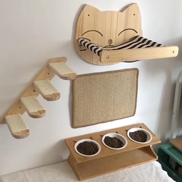 Ensemble d'étagères d'escalade en bois pour chat｜meubles muraux, hamac, perchoir, échelle en sisal, lits à gratter｜perchoirs stables pour chaton – Image 3