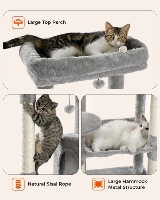 Arbre à Chat 5 Niveaux Tour pour Grands Chats avec Grand Hamac | Poteaux à Gratter Couverts en Sisal | Perchoir Confortable – Image 5