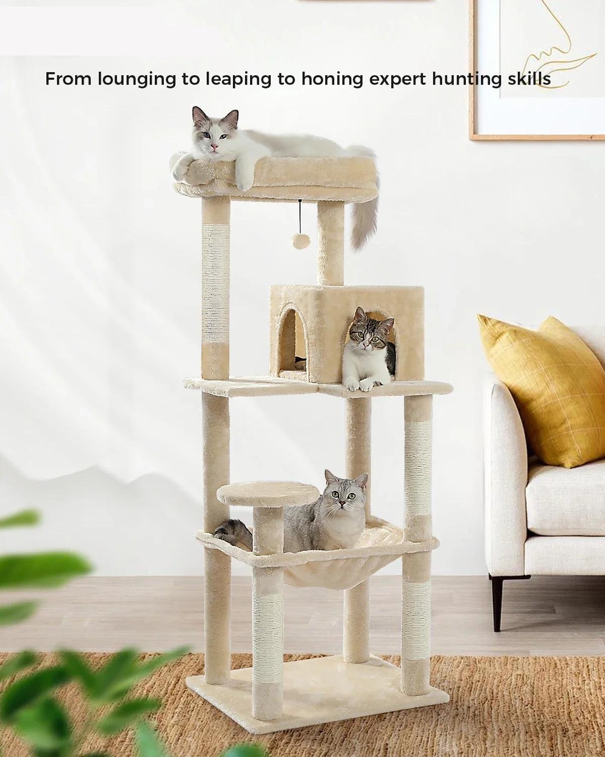 Arbre à Chat d'Nikà 5 Niveaux Tour pour Grands Chats avec Grand Hamac, Poteaux à Gratter Couverts en Sisal, Perchoir Confortable