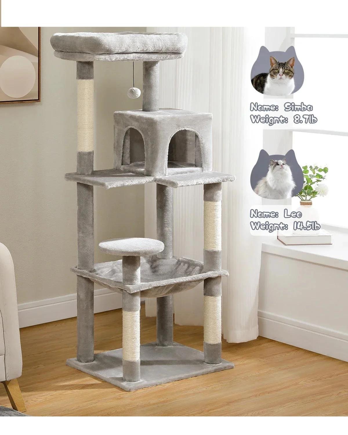 Arbre à Chat d'Nikà 5 Niveaux Tour pour Grands Chats avec Grand Hamac, Poteaux à Gratter Couverts en Sisal, Perchoir Confortable