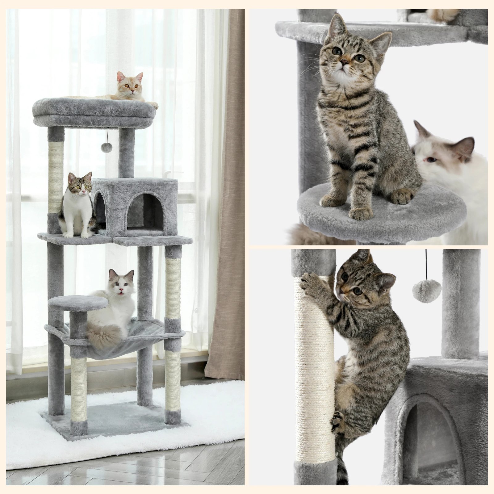 Arbre à Chat d'Nikà 5 Niveaux Tour pour Grands Chats avec Grand Hamac, Poteaux à Gratter Couverts en Sisal, Perchoir Confortable