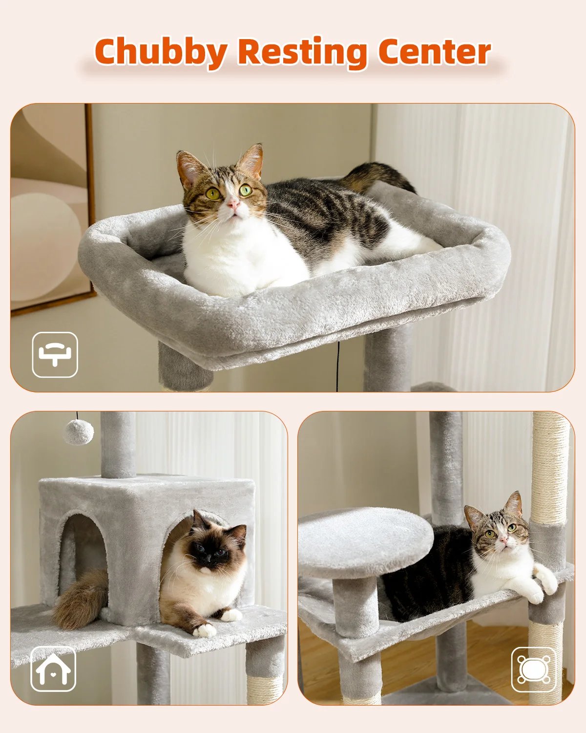 Arbre à Chat d'Nikà 5 Niveaux Tour pour Grands Chats avec Grand Hamac, Poteaux à Gratter Couverts en Sisal, Perchoir Confortable