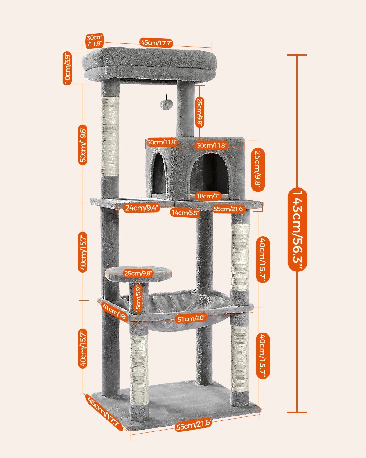 Arbre à Chat d'Nikà 5 Niveaux Tour pour Grands Chats avec Grand Hamac, Poteaux à Gratter Couverts en Sisal, Perchoir Confortable
