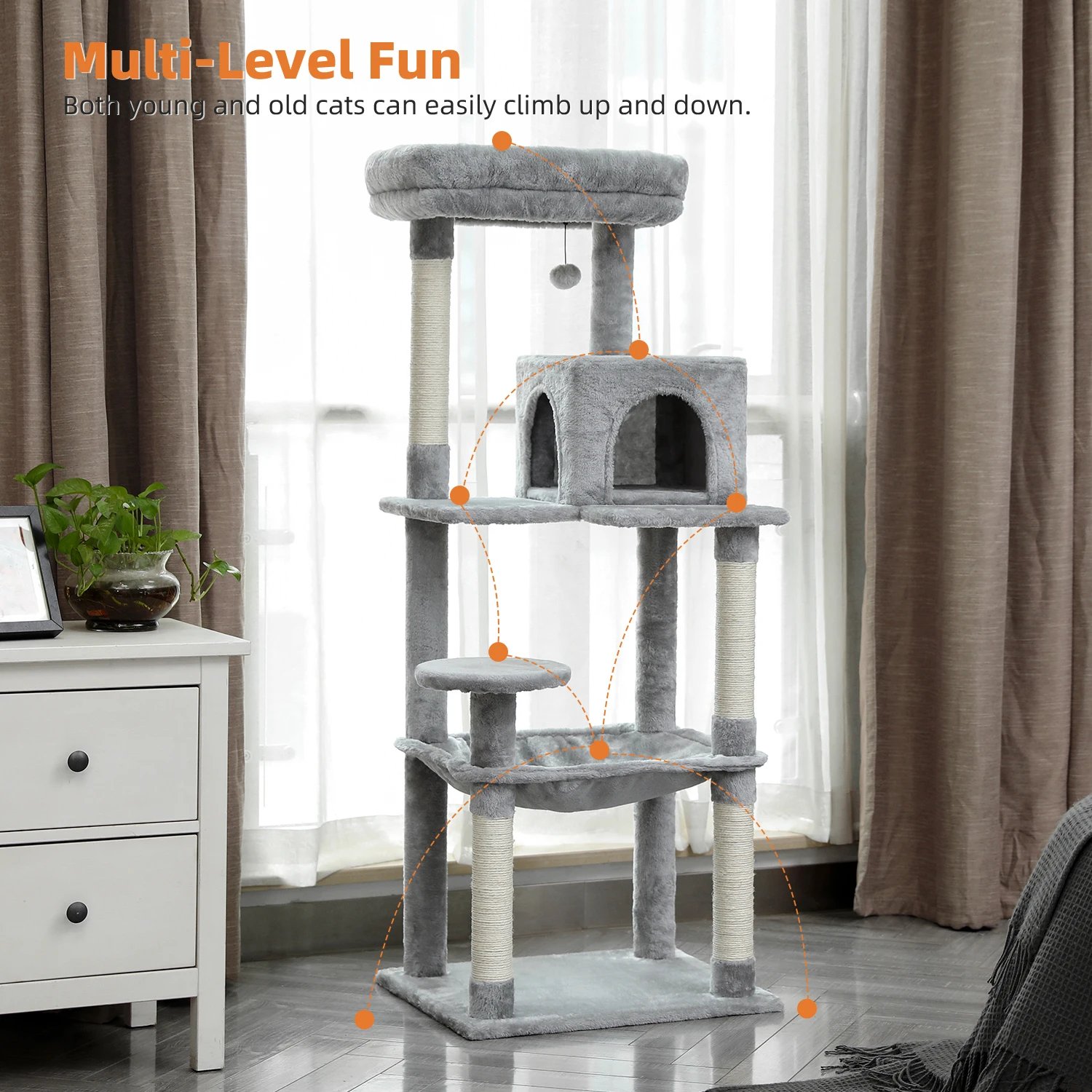 Arbre à Chat d'Nikà 5 Niveaux Tour pour Grands Chats avec Grand Hamac, Poteaux à Gratter Couverts en Sisal, Perchoir Confortable