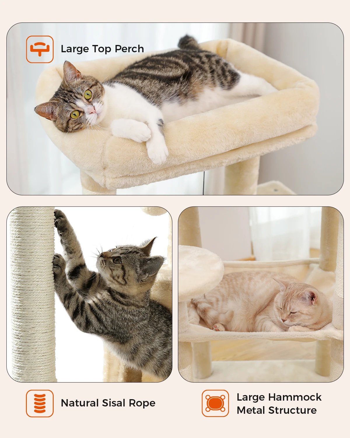 Arbre à Chat d'Nikà 5 Niveaux Tour pour Grands Chats avec Grand Hamac, Poteaux à Gratter Couverts en Sisal, Perchoir Confortable