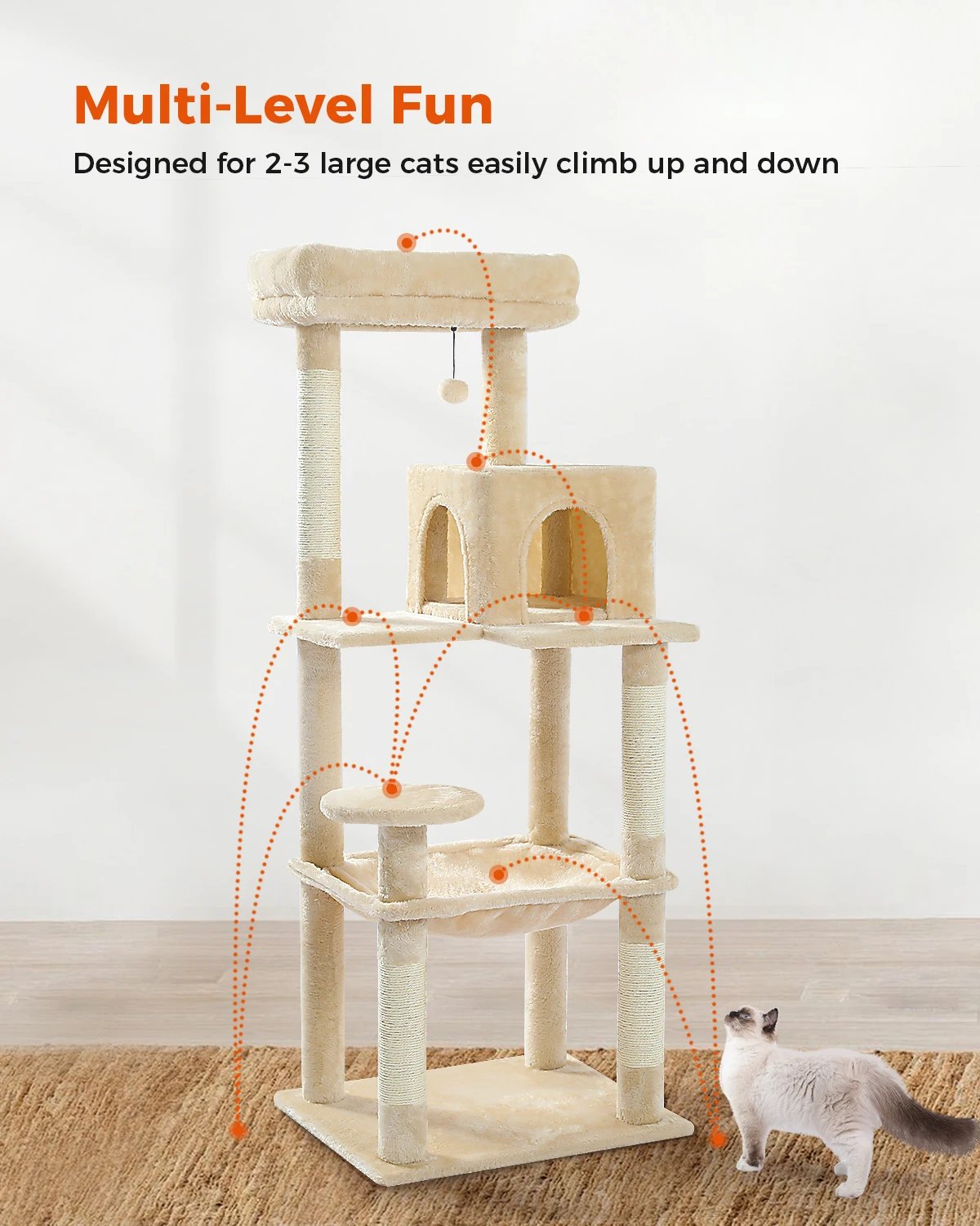 Arbre à Chat d'Nikà 5 Niveaux Tour pour Grands Chats avec Grand Hamac, Poteaux à Gratter Couverts en Sisal, Perchoir Confortable