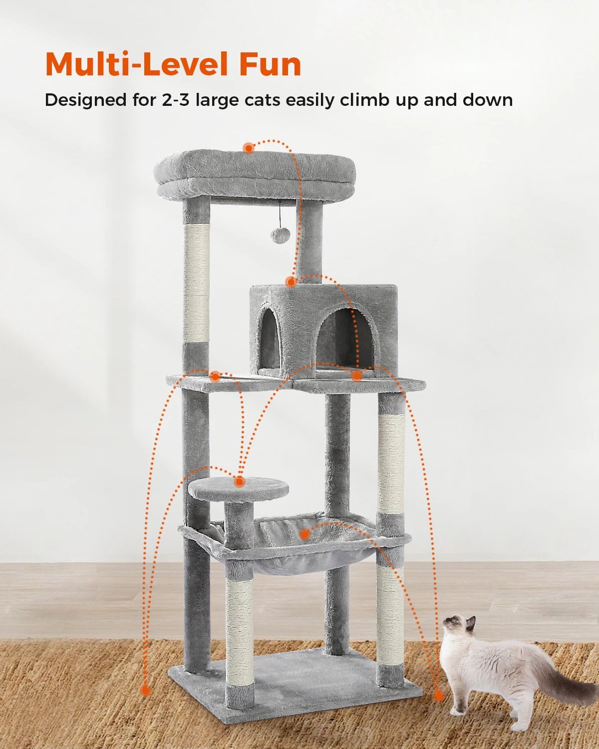Arbre à Chat d'Nikà 5 Niveaux Tour pour Grands Chats avec Grand Hamac, Poteaux à Gratter Couverts en Sisal, Perchoir Confortable