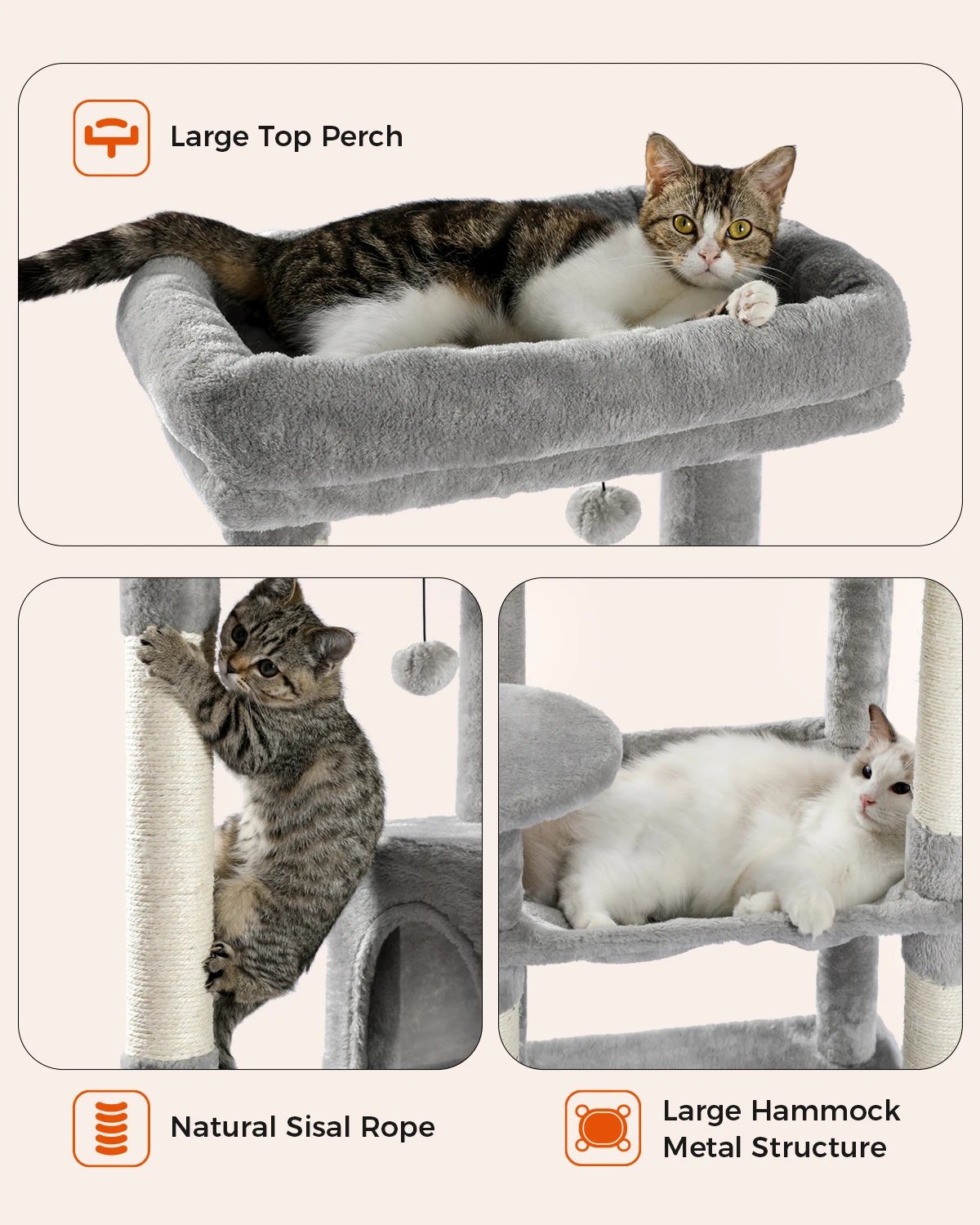 Arbre à Chat d'Nikà 5 Niveaux Tour pour Grands Chats avec Grand Hamac, Poteaux à Gratter Couverts en Sisal, Perchoir Confortable