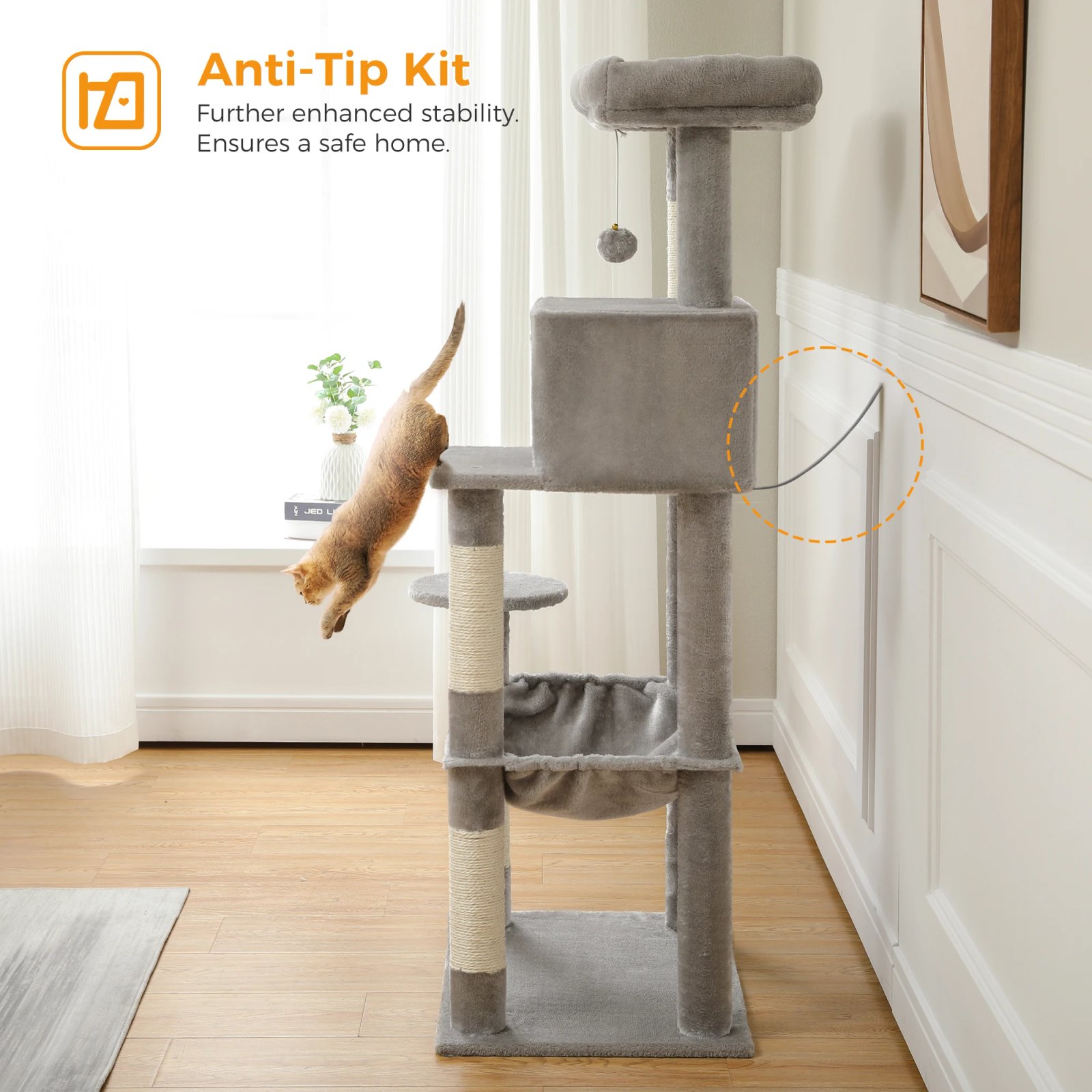 Arbre à Chat d'Nikà 5 Niveaux Tour pour Grands Chats avec Grand Hamac, Poteaux à Gratter Couverts en Sisal, Perchoir Confortable