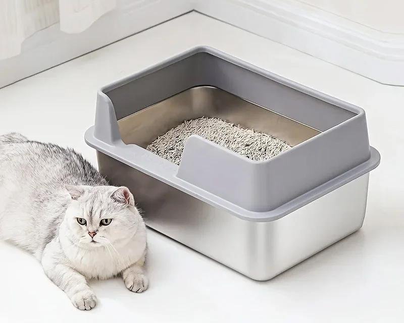 Boîte à litière extra large en acier inoxydable pour chat, boîtier mural haut, anti-fuite, facile à nettoyer, couvercle inclus