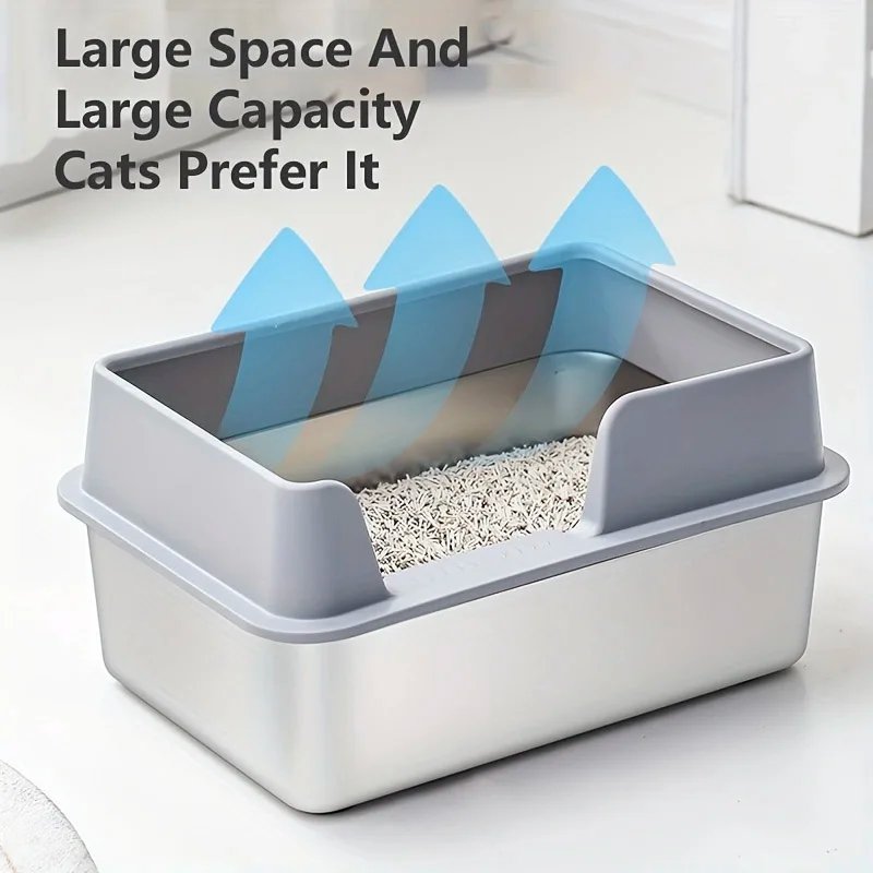 Boîte à litière extra large en acier inoxydable pour chat, boîtier mural haut, anti-fuite, facile à nettoyer, couvercle inclus