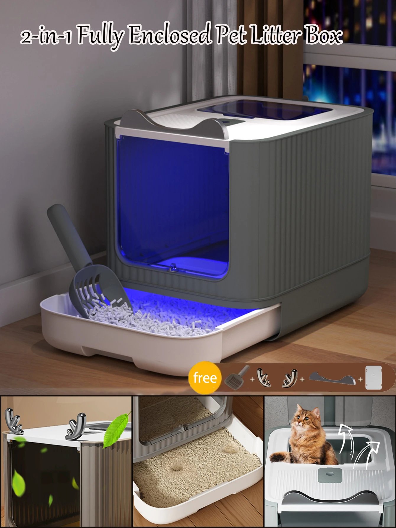 Bac à litière entièrement fermé pliable avec couvercle, oreille de chat et bois de cerf, lumière désodorisante UV, sortie supérieure, grand bac à litière pour chat, 2 en 1, MELLarge