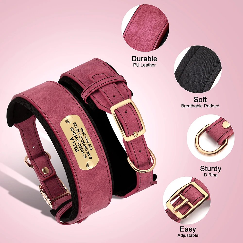 Collier en cuir PU personnalisé pour animaux de compagnie, collier de chien large, étiquette personnalisée, doux, petits chiens moyens et grands, Pitbull et Buldog