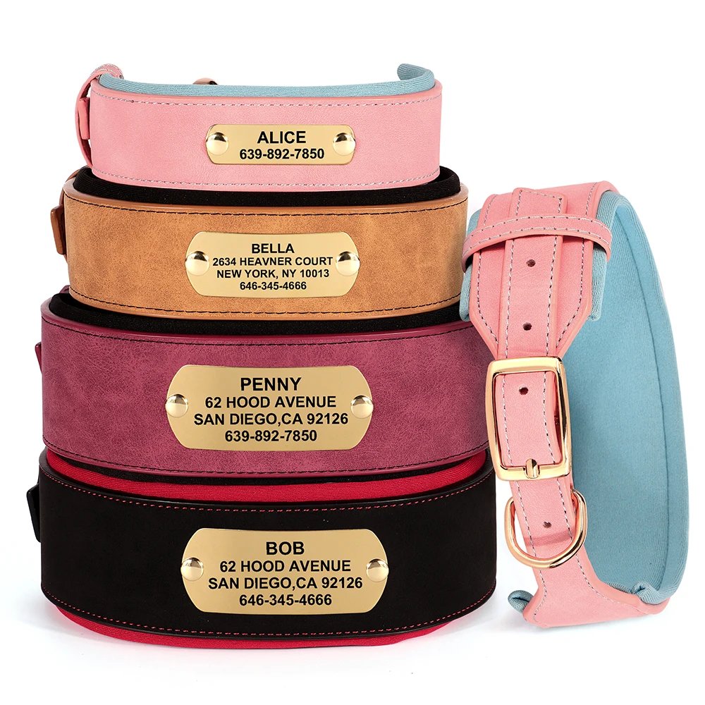Collier en cuir PU personnalisé pour animaux de compagnie, collier de chien large, étiquette personnalisée, doux, petits chiens moyens et grands, Pitbull et Buldog
