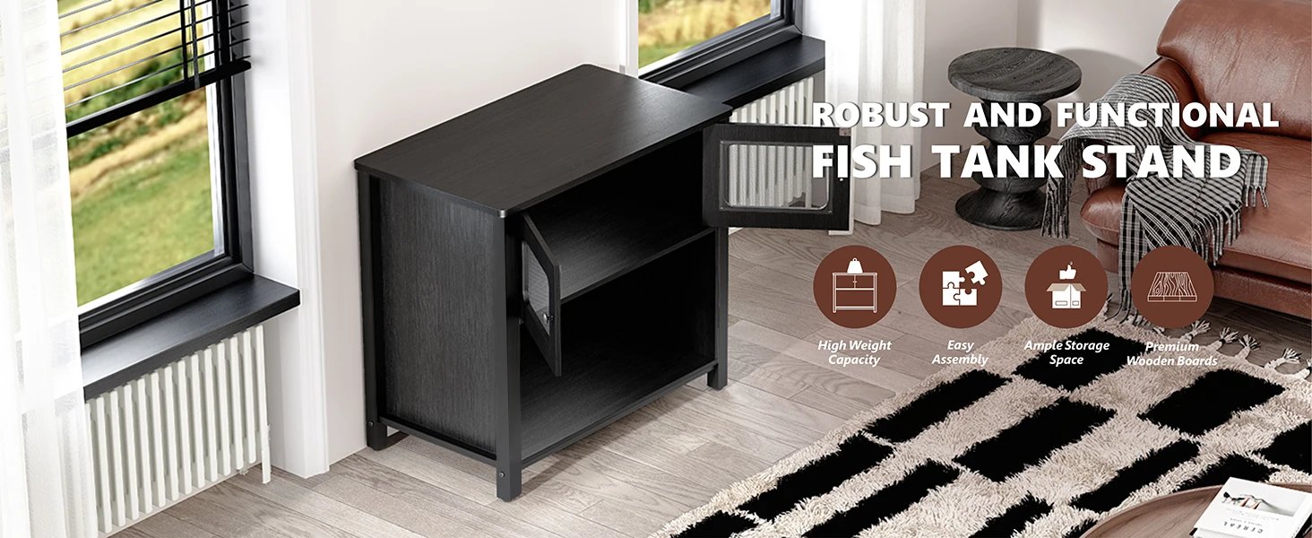 Support d'Aquarium avec Armoire de Rangement, Dispositif Anti-Rubis, Station de Charge, Pieds Réglables, Support Précieux pour Poisson, Reptile, 40-50 Gallons