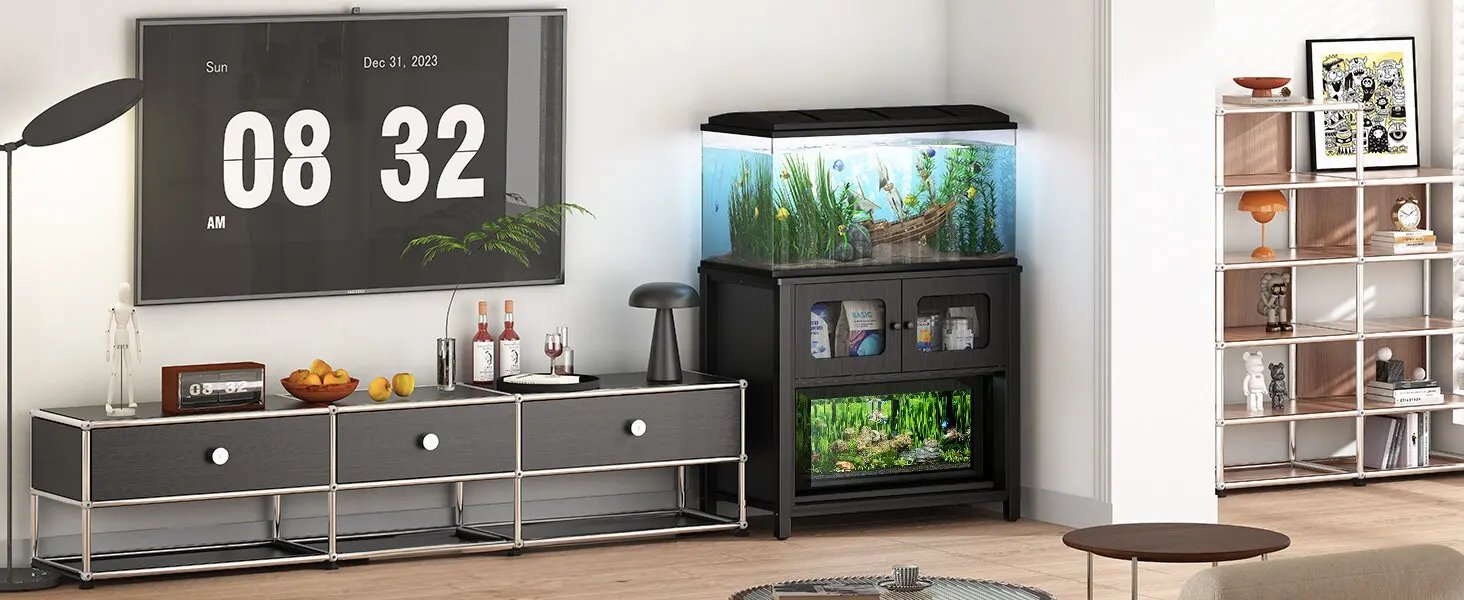 Support d'Aquarium avec Armoire de Rangement, Dispositif Anti-Rubis, Station de Charge, Pieds Réglables, Support Précieux pour Poisson, Reptile, 40-50 Gallons