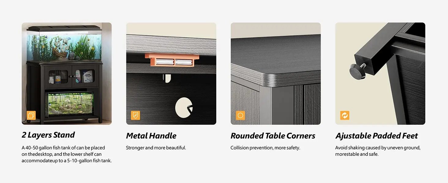 Support d'Aquarium avec Armoire de Rangement, Dispositif Anti-Rubis, Station de Charge, Pieds Réglables, Support Précieux pour Poisson, Reptile, 40-50 Gallons