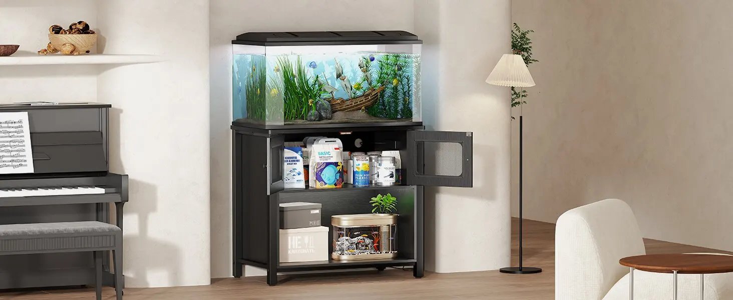 Support d'Aquarium avec Armoire de Rangement, Dispositif Anti-Rubis, Station de Charge, Pieds Réglables, Support Précieux pour Poisson, Reptile, 40-50 Gallons