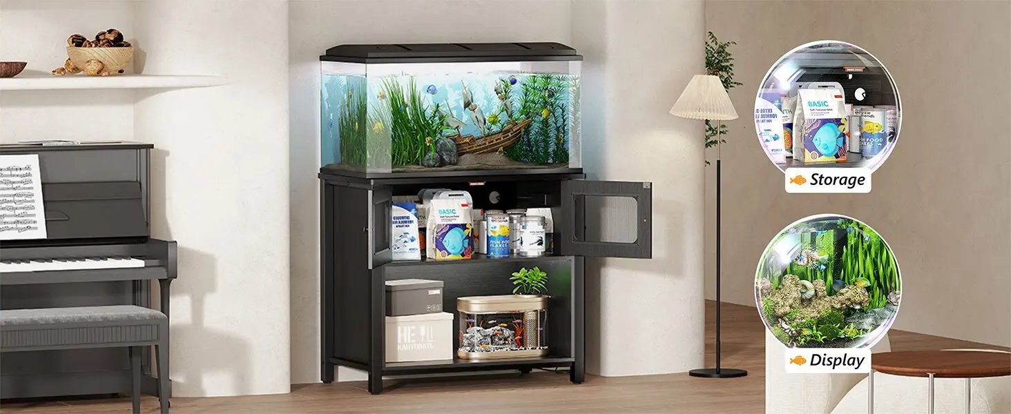 Support d'Aquarium avec Armoire de Rangement, Dispositif Anti-Rubis, Station de Charge, Pieds Réglables, Support Précieux pour Poisson, Reptile, 40-50 Gallons