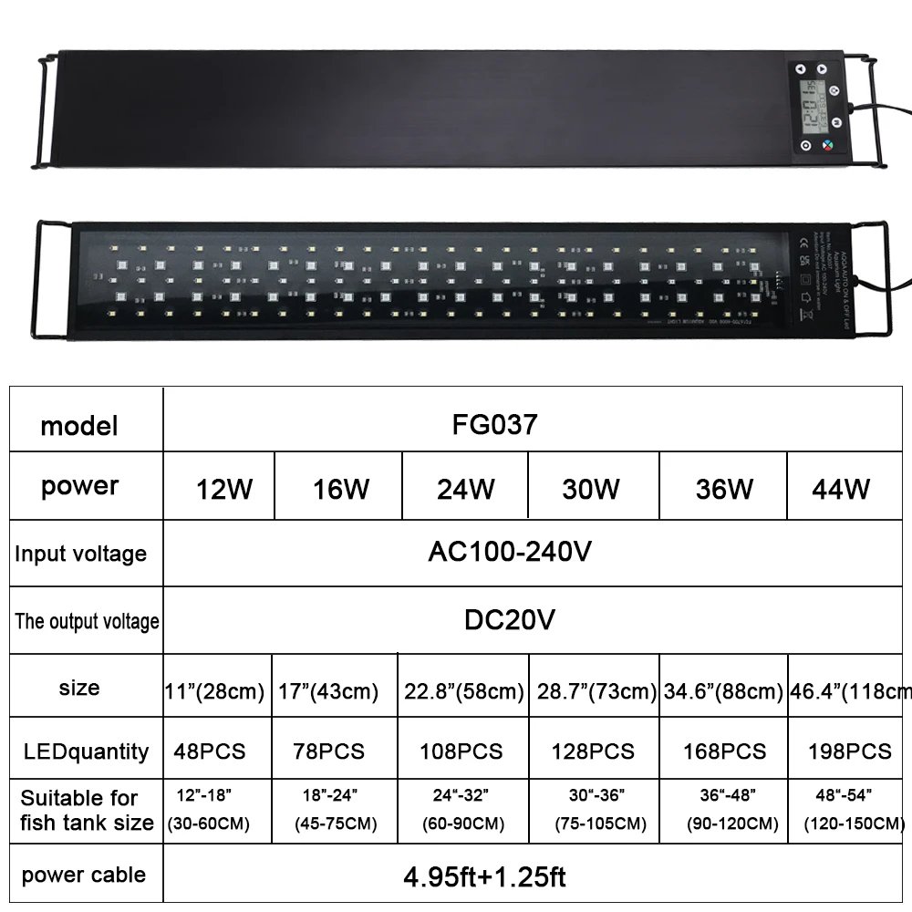 Full LED Fish Precious Lighting, Lampe de croissance des plantes, Décoration d'aquarium, Étanche IP68, 24/7 V-100V, 30-60cm, 240