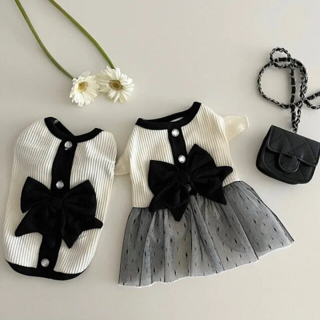 Robe de luxe pour petits chiens | vêtements d'été pour chiots | jupe en dentelle avec nœud | t-shirt pour chien noir et blanc, costume pour chien