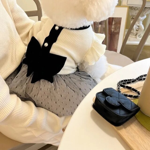 Robe de luxe pour petits chiens | vêtements d'été pour chiots | jupe en dentelle avec nœud | t-shirt pour chien noir et blanc, costume pour chien – Image 2