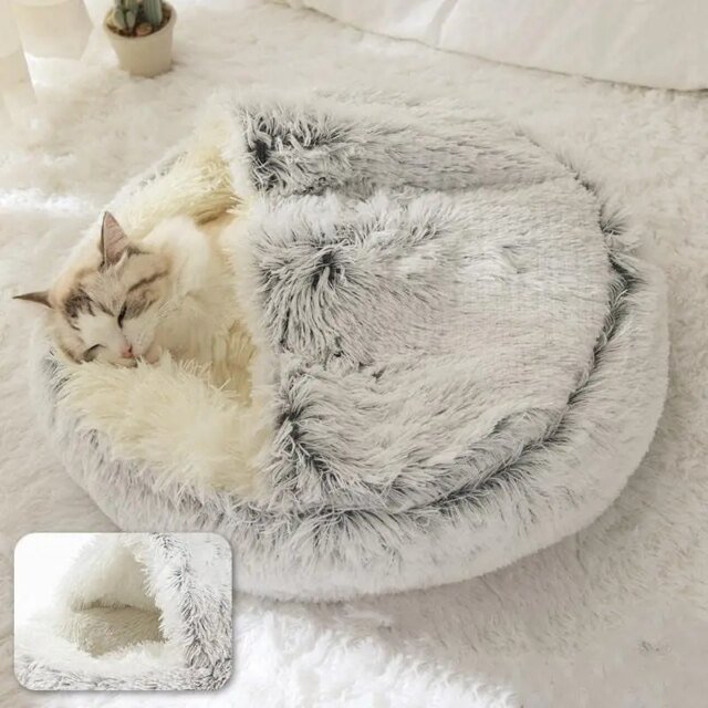 Doux En Peluche Rond Chat Lit Pet Matelas Chaud Confortable Panier Chat Chien 2 en 1 Sac De Couchage Nid pour Petits Chiens – Image 3