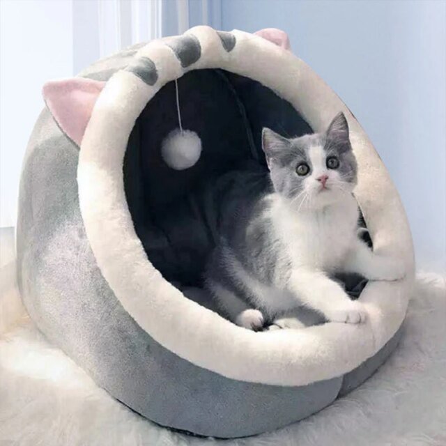 Interrupteur lit en peluche gris d'hiver pour chat et chien | maison à coussin rond | sac de couchage chaud – Image 2