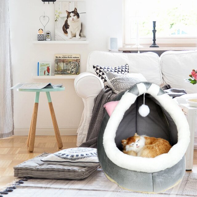 Interrupteur lit en peluche gris d'hiver pour chat et chien | maison à coussin rond | sac de couchage chaud – Image 5