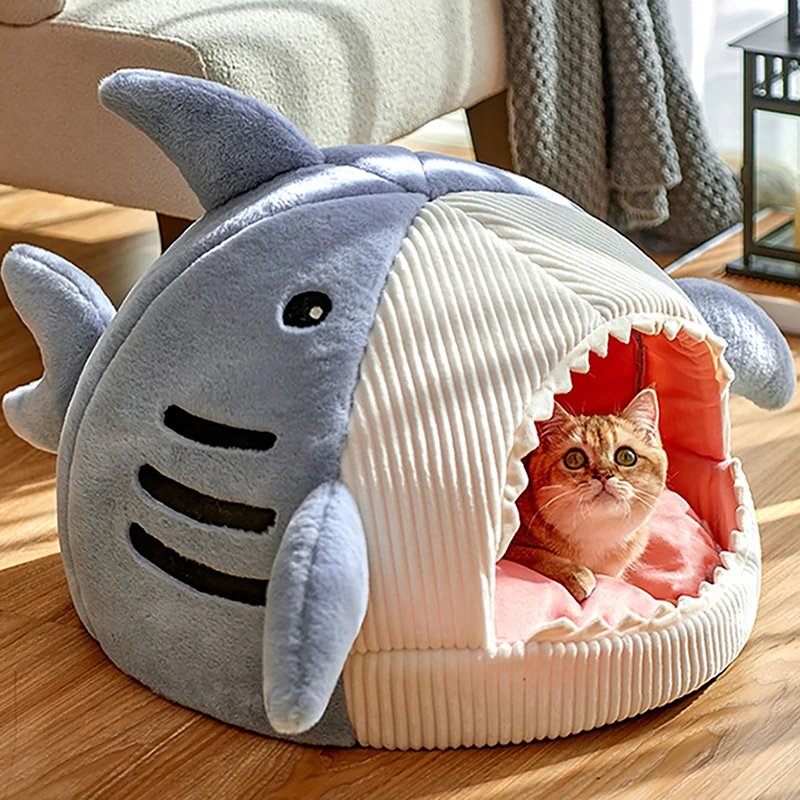 Lits Chauds en Forme de Requin de Dessin Animé pour Chat, mir de Diversification pour Animaux de Compagnie, Coussin en Polymère, Tente pour Chiot, Produits pour Animaux de Compagnie