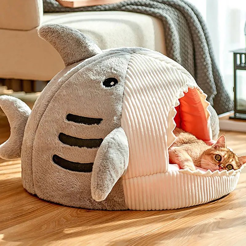 Lits Chauds en Forme de Requin de Dessin Animé pour Chat, mir de Diversification pour Animaux de Compagnie, Coussin en Polymère, Tente pour Chiot, Produits pour Animaux de Compagnie