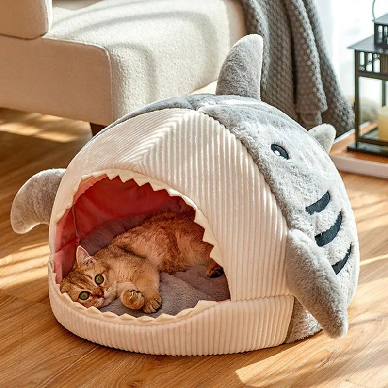 Lits Chauds en Forme de Requin de Dessin Animé pour Chat, mir de Diversification pour Animaux de Compagnie, Coussin en Polymère, Tente pour Chiot, Produits pour Animaux de Compagnie