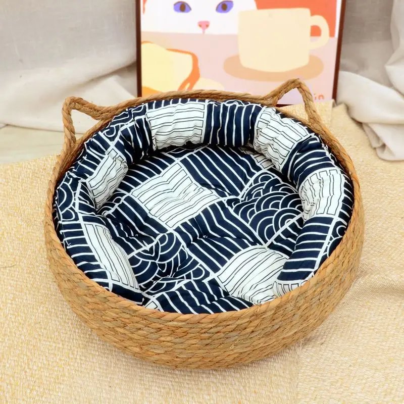 Mir en rotin tissé pour animal de compagnie avec coussin, lit pour chat traité vissé, maison ronde confortable pour chiot et chaton, doux et chaud Mir en rotin tissé pour animal de compagnie avec coussin, lit pour chat traité vissé, maison ronde confortable pour chiot et chaton, doux et chaud