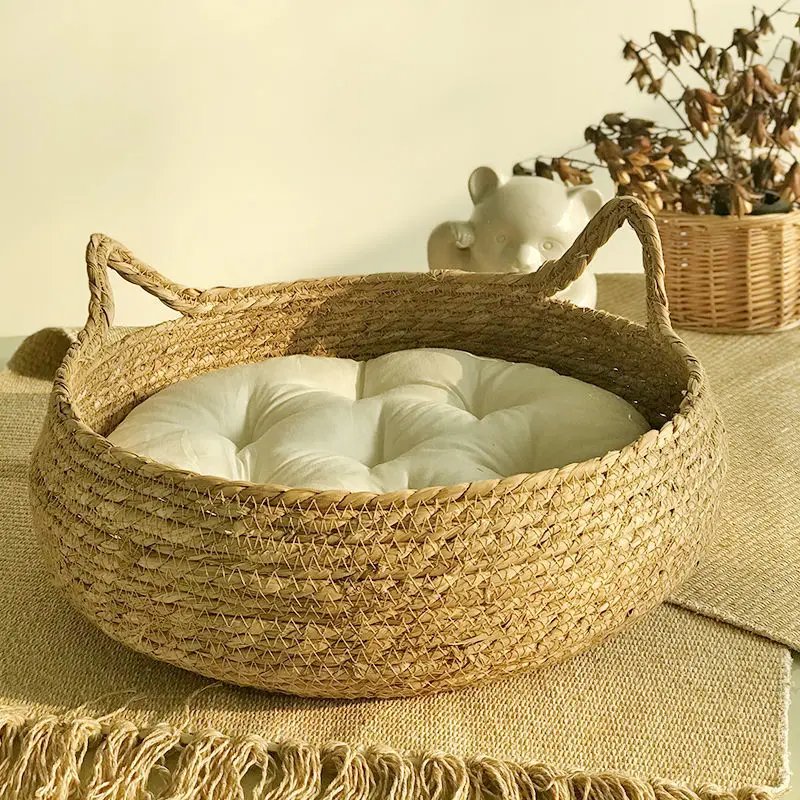 Mir en rotin tissé pour animal de compagnie avec coussin, lit pour chat traité vissé, maison ronde confortable pour chiot et chaton, doux et chaud Mir en rotin tissé pour animal de compagnie avec coussin, lit pour chat traité vissé, maison ronde confortable pour chiot et chaton, doux et chaud
