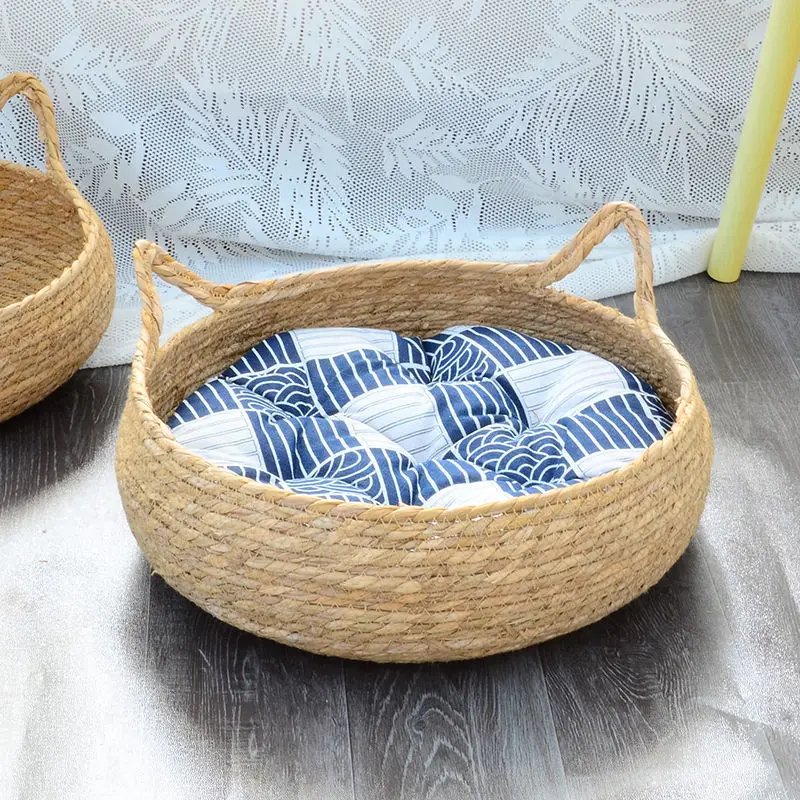 Mir en rotin tissé pour animal de compagnie avec coussin, lit pour chat traité vissé, maison ronde confortable pour chiot et chaton, doux et chaud Mir en rotin tissé pour animal de compagnie avec coussin, lit pour chat traité vissé, maison ronde confortable pour chiot et chaton, doux et chaud