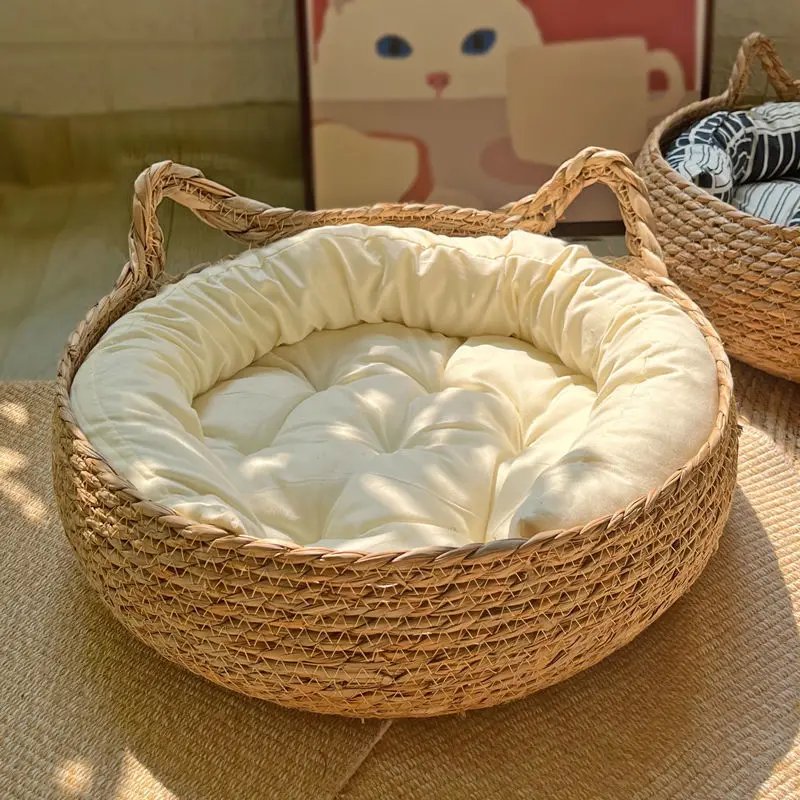 Mir en rotin tissé pour animal de compagnie avec coussin, lit pour chat traité vissé, maison ronde confortable pour chiot et chaton, doux et chaud Mir en rotin tissé pour animal de compagnie avec coussin, lit pour chat traité vissé, maison ronde confortable pour chiot et chaton, doux et chaud
