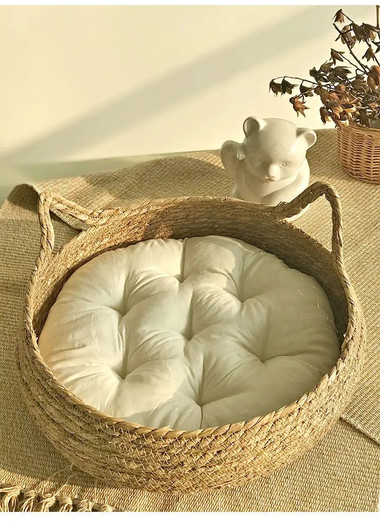 Mir en rotin tissé pour animal de compagnie avec coussin, lit pour chat traité vissé, maison ronde confortable pour chiot et chaton, doux et chaud Mir en rotin tissé pour animal de compagnie avec coussin, lit pour chat traité vissé, maison ronde confortable pour chiot et chaton, doux et chaud