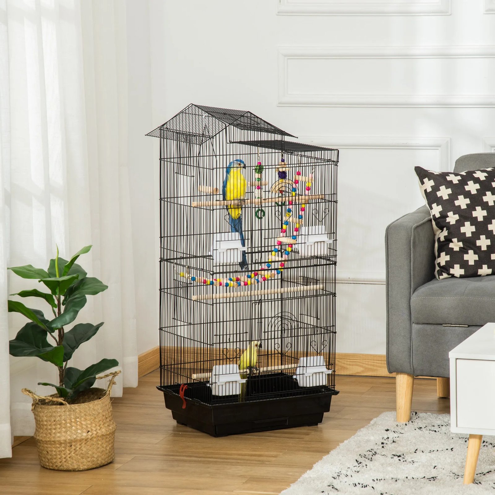 PawHut-Cage à oiseaux avec portes multiples, balançoire, 4 mangeoires, 46x36x100cm PawHut-Cage à oiseaux avec portes multiples, balançoire, 4 mangeoires, 46x36x100cm