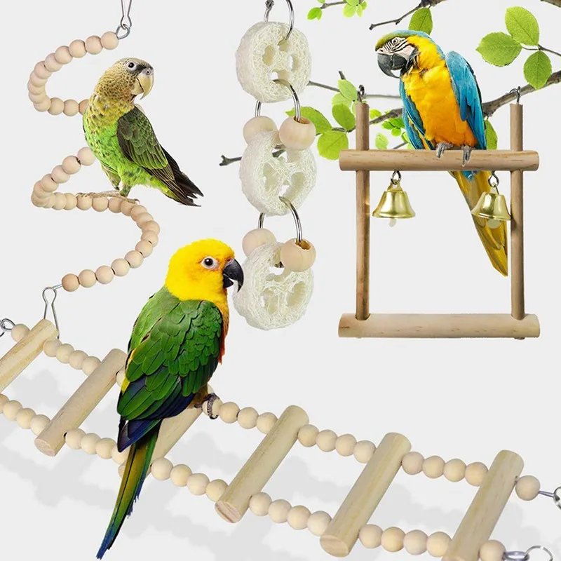 Ensemble de jouets en bois pour oiseaux de compagnie, articles à mordre, jouets pour perroquet debout, boule de balançoire, cloche d'entraînement, 8 pièces