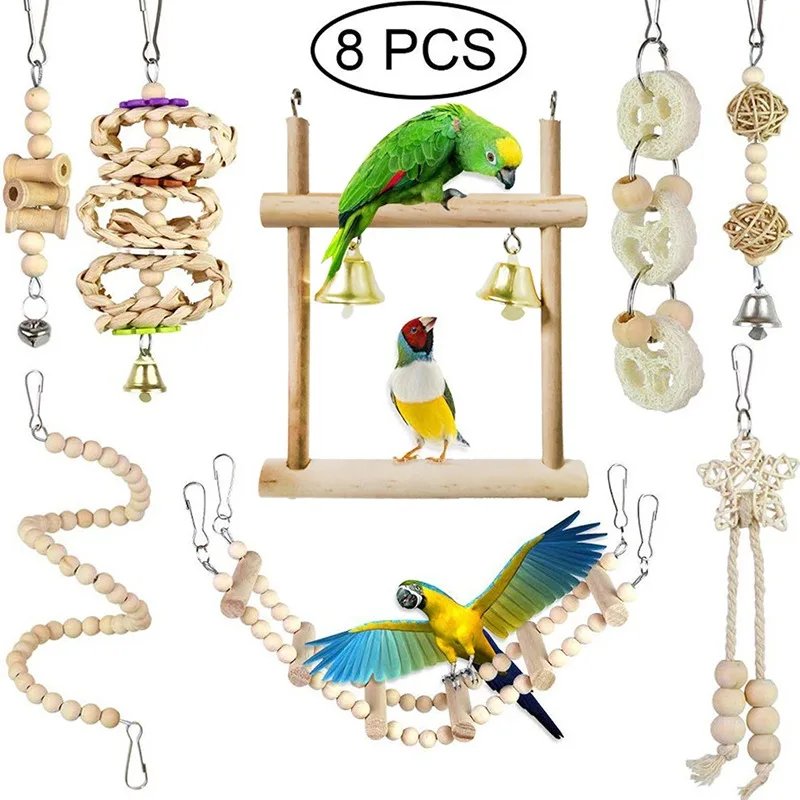 Ensemble de jouets en bois pour oiseaux de compagnie, articles à mordre, jouets pour perroquet debout, boule de balançoire, cloche d'entraînement, 8 pièces