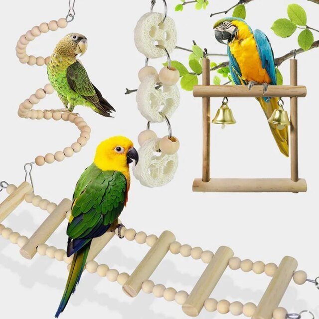 Ensemble de jouets en bois pour oiseaux de compagnie｜ jouets pour perroquet debout｜boule de balançoire｜cloche d'entraînement – Image 2