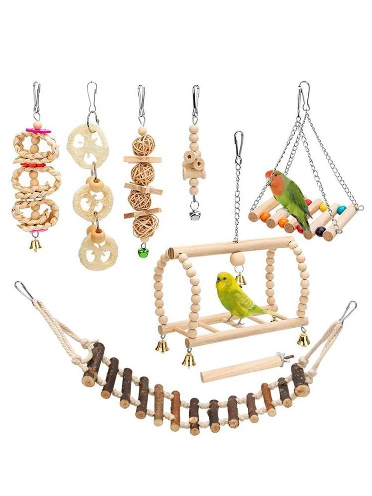 Ensemble de jouets en bois pour oiseaux de compagnie, articles à mordre, jouets pour perroquet debout, boule de balançoire, cloche d'entraînement, 8 pièces