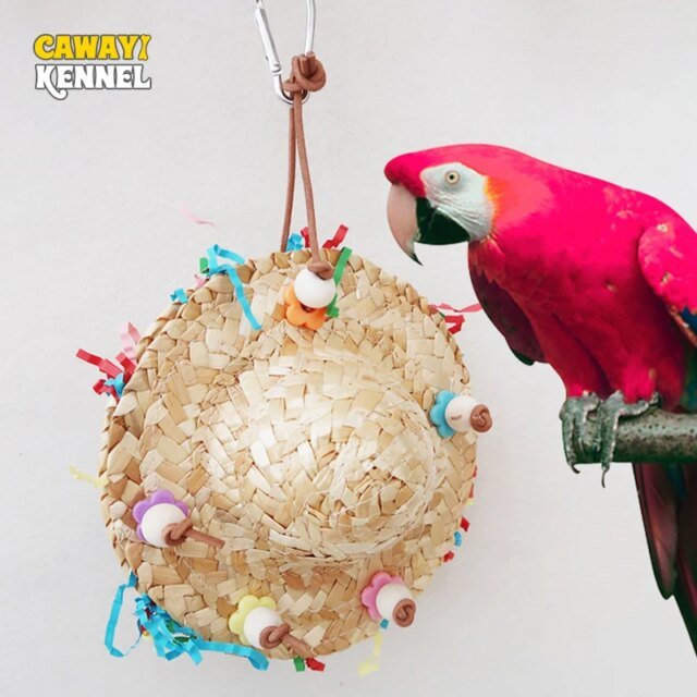 Perroquets en forme de chapeau de tissage de paille faits à la main ｜ jouet à mâcher pour cage à oiseaux ｜balançoire pour oiseau
